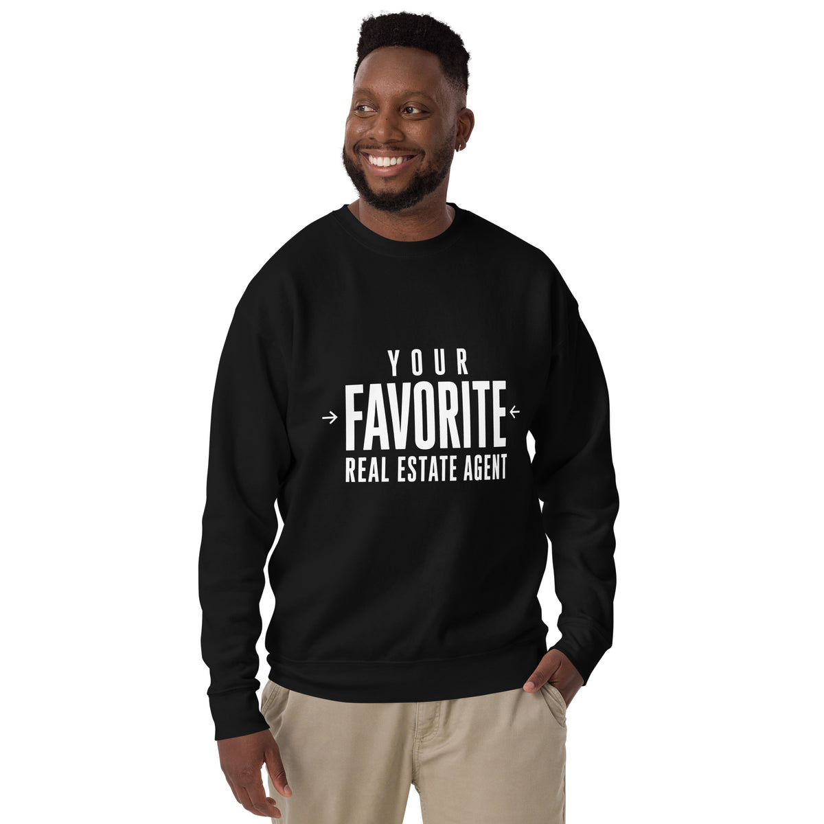 Man wearing black Your Favorite Real Estate Agent premium crewneck sweatshirt by BrandYOU
